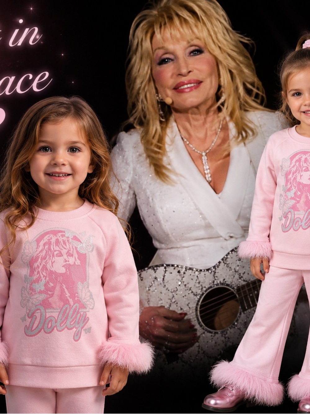 BRAND NEW Dolly Parton Toddler Faux Fur Trim Graphic Sweatshirt&Flare Pants Set,